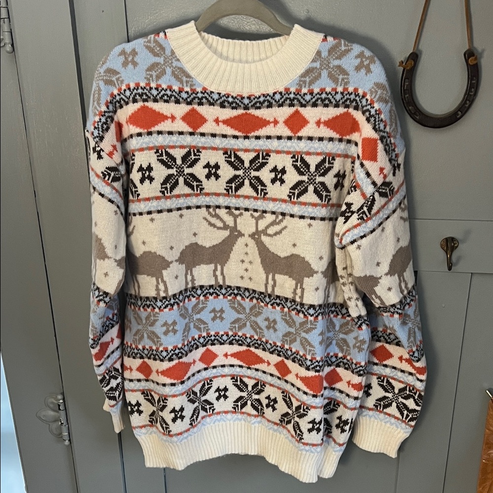 Cozy Winter Reindeer Sweater - Cream, Brown, Orange